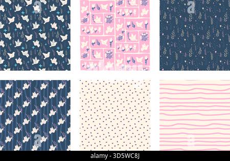 Birds seamless patterns collection. Folk dove of peace motif blu, pink and beige background set. Pigeons flying, stripes repeat background. Vector han Stock Vector