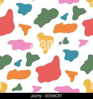 Multicolor seamless cow print pattern with orange, blue, green, and pink blobs. Spot freeform shape and irregular modern look. Kids abstract vector se Stock Vector