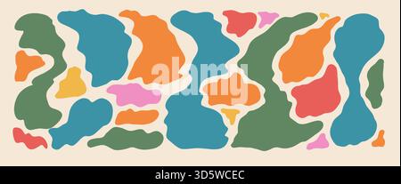 Multicolor abstract blobs pattern. Spot freeform shape background. Orange, blue, green, and pink irregular modern camo splodges. Kids abstract vector Stock Vector