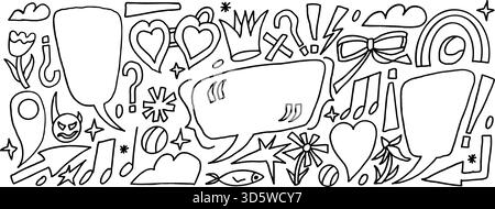 Brush stroke hand drawn scribble callouts. Doodles text box elements set. Pencil drawn speech bubbles with flower, crown, heart. Text boxes with inver Stock Vector