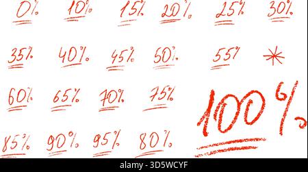 School exam number marks icons. Percent promo sale symbols. Teacher note hand drawn red set. Crayon drawn exam scribbles symbols. Educational marks, s Stock Vector