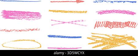 Doodle hand made lines crayon drawn set. Pencil brush stroke text underlines. Hand drawn kid textured straight stripe, emphasis freehand. Arrow, scrib Stock Vector