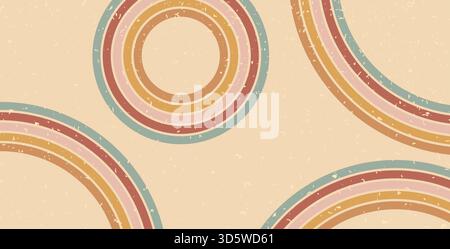 Boho rainbow rounded path textured background. Horizontal banner with colorful oval stripes abstract pattern. Vector vintage curved underline geometri Stock Vector