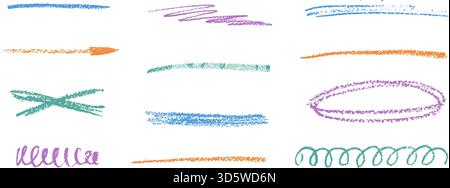 Hand drawn underlines. Chalk brush strokes set. Pencil or crayon rough lines. Kids textured emphasis, straight stripe, freehand text decoration shapes Stock Vector