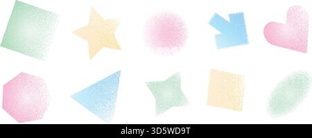 Pastel gritty geometric shapes set. Grainy noise textured y2k elements. Rectangle and circle dot work icons. Vector pink, green and blue pastel illust Stock Vector