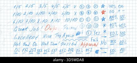 School exam marks icons on crumpled math grid paper. Teacher note hand drawn blue pen set. Exam scribbles symbols. Educational marks, score, test resu Stock Vector