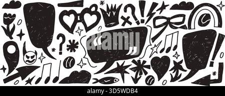 Rough speech bubbles and crayon quote boxes drawn with charcoal texture. Hand sketched irregular callout clouds and marks for messy notes or raw dialo Stock Vector
