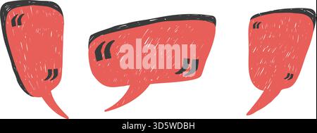 Red quote cloud boxes. Speech bubbles with quotation marks. Hand drawn crayon text boxes frames set. Chalk crayon feedback callout textured shapes. Ve Stock Vector