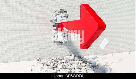 3d Red arrow breaking brick wall Stock Photo