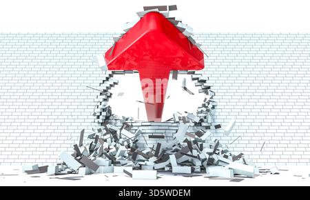 Red arrow breaking brick wall 3d Stock Photo