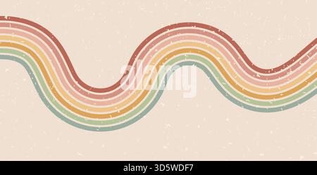 Retro groovy rainbow underline line background. 70s wave path abstract pattern wallpaper. Vector horizontal wide wavy colorful lines design. Funky tre Stock Vector