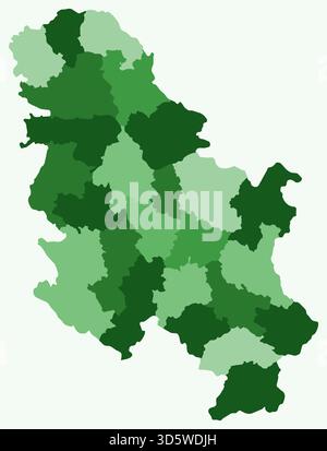 Map of Serbia with regions. A simple country border map with region division. Green color palette. Stock Vector