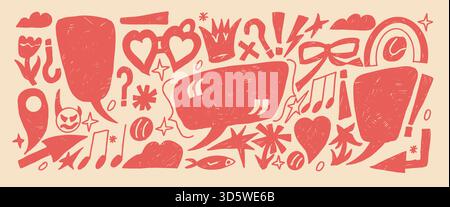 Crayon red scribbles collage elements. Set of speech bubbles with bow, crown, and hearts cheerful expression. Callouts text boxes with inverted Spanis Stock Vector