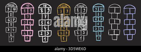 Hand drawn hopscotch games set on chalkboard. Kids hop scotch outdoor playground play. Vector colorful doodles illustration on blackboard background. Stock Vector