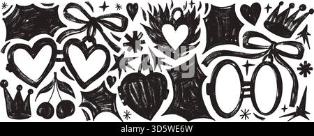 Valentine crayon doodles. Heart shape couple lockets with bang text boxes callout. Hand drawn sticker with cherry, crown, star elements. Vector ink or Stock Vector