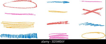 Underlines crayon set. Pencil brush stroke multi colors lines. Oval frame and textured straight stripe, emphasis freehand elements. Arrow, scribble ki Stock Vector