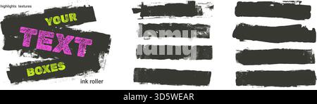 Grunge text boxes wide line textures elements. Thick straight black brush strokes callouts. Smear handmae line linocut textures. Punk wall graffiti ve Stock Vector