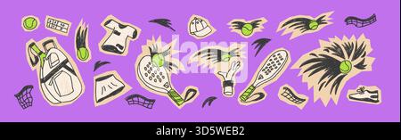 Padel tennis collage paper cutout trendy stickers. Racket, ball, scoreboard, team cloth hand drawn collage icons set isolated on vivid background. Doo Stock Vector