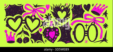 Hearts locket, bangs text boxes. Crayon fire heart with crowns and cherry set. Funky callout elements with girly stars shapes. Vector hand drawn Valen Stock Vector