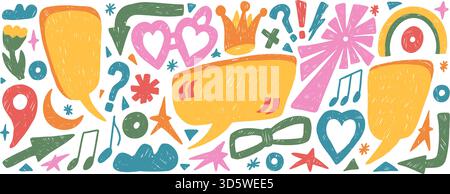 Colorful crayon text boxes with irregular figures. Speech bubble funky shape quotation frame box, arrow, stars. Playful callout clouds with marks dial Stock Vector