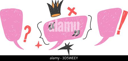 Funky pink speech bubbles with punctuation marks. Hand drawn crayon text boxes frames set with stars, bracket, crown. Chalk crayon callout textured sh Stock Vector