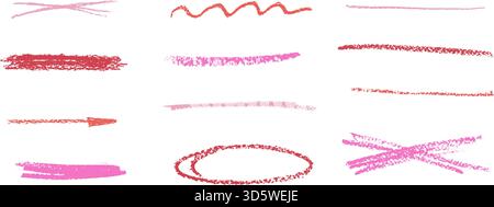 Cosmetic girly highlight. Lipstick underlines crayon set. Pink and red pencil brush stroke lines. Oval frame, strikethroug hand textured stripe, empha Stock Vector