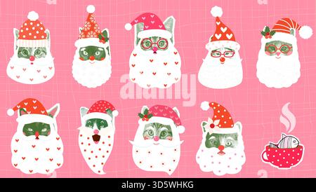 Funny and cute vector Santa Claus cat faces with hats, Half tone retro Christmas hipster collage kitty heads with beards illustration Stock Vector