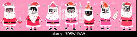 Funny hipster Santa Claus cats, vector halftone Christmas collage kitty illustrations for graphic design, banners, greeting cards Stock Vector