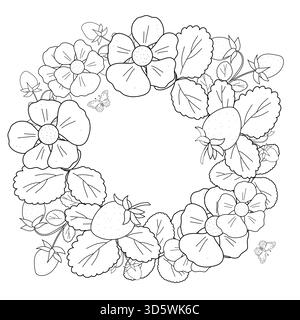 Round floral frame made of strawberry flowers, berries, and leaves with butterflies. Black and white line art illustration for coloring pages, invitations, cards, and botanical designs. Vector. Stock Vector