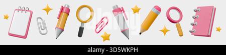 3D school supply. Studying tools. Pencil and pen. Read book. Paper notepad plastic elements. Cute notebook render for learning. Document tablet. Paperclip and magnifier. Vector education icons set Stock Vector