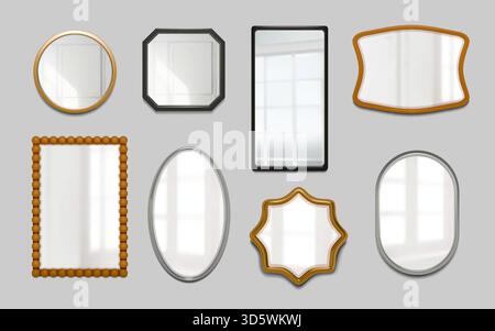 Mirror surface. Glass reflect, bathroom silver rectangle or square room wooden and silver frame. For makeup, house or home. Interior object. Vector light shadows, realistic isolated framework set Stock Vector