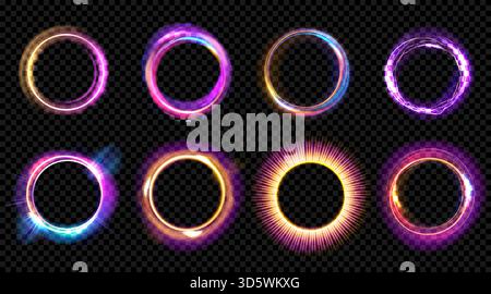 Light effect. Neon halo ring, color orb portal with magic flare glow isolated round border. 3d circular space, digital round speed spiral, radial illuminated colorful laser frames set. Vector sphere Stock Vector