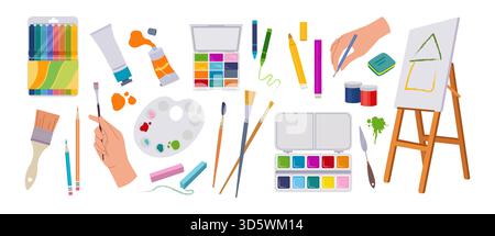 Art tools. Paint brush, easel or craft paintbrush for workshop, painter stationery. Artist equipment, cute pencil, gouache jars and palette. Vector cartoon flat style isolated creativity illustration Stock Vector