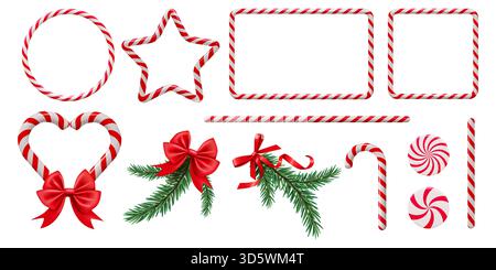 Candy frame. 3D cane border. Red Xmas decoration or circle sweet stick line. Stripe square shape. Round ring. Caramel bonbon. Coniferous branch with red ribbon. Vector Christmas decor elements set Stock Vector