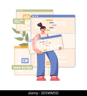 PC work. Computer programmer character. Browser windows. Web software. Programming script. Developer sitting on website cyber frame with laptop. Network technology. Backend java coders vector concept Stock Vector