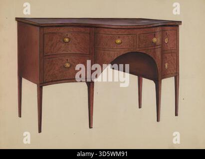 Design by Arsen Maralian, 1936, showing a sideboard with wooden construction, drawers, cabinet doors, flat top surface, craftsmanship, and functional storage use. Stock Photo