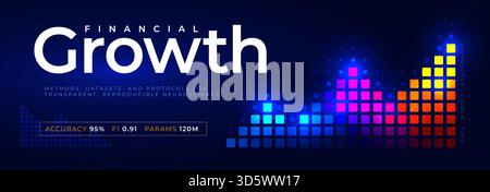 Financial growth bar data analytics AI model metrics. Colored cubes rising bars on dark blue gradient for fintech reports dashboards pitch slides web Stock Vector