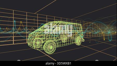 Rendering neon-green wireframe van in 3D model space, showing orange grid floor, cyan or yellow wave Stock Photo