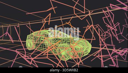 Rotating neon-green wireframe car model hovering in virtual studio, with pink magenta angular lines Stock Photo