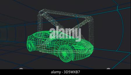 Rotating neon-green wireframe car model being scanned inside virtual chamber, with particle gantry Stock Photo