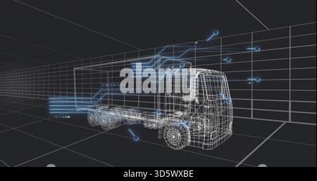 Displaying wireframe truck with wheels, axles rotating inside 3D model grid, neonblue streams Stock Photo