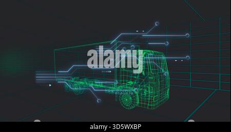 Displaying neon green wireframe truck rotating in virtual garage, with HUD lines and grid floor Stock Photo