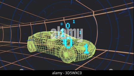 Racing neon-green wireframe car model coursing through digital tunnel, floating cyan binary digits Stock Photo