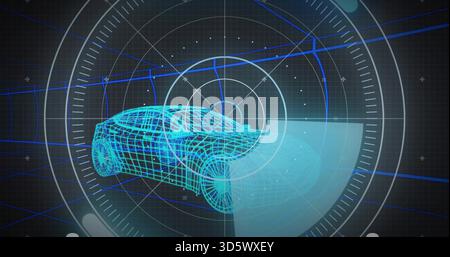 Displaying cyan-blue 3D wireframe car model rotating in virtual HUD, with scanning cone overlay Stock Photo