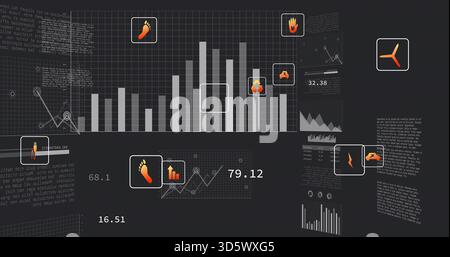 Displaying central vertical bar chart rising on dark grid dashboard, with orange callouts Stock Photo
