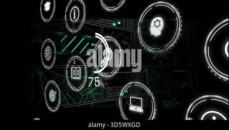 Displaying virtual dashboard showing circular HUD icons and globe, laptop, gauge 75 Stock Photo