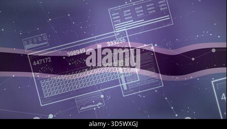 Showing semi-transparent computer keyboard with floating panels in virtual UI, readouts and nodes Stock Photo