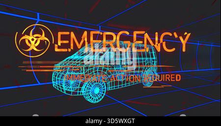 Displaying cyan wireframe van hovering in holographic grid tunnel, showing EMERGENCY biohazard Stock Photo
