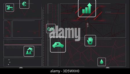 Displaying central dashboard panel showing urban data on dark GUI, featuring CO2, EV, red grids Stock Photo