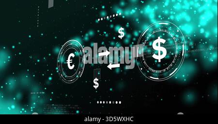 Displaying centered euro and dollar HUD circles at finance dashboard, showing bidirectional arrows Stock Photo